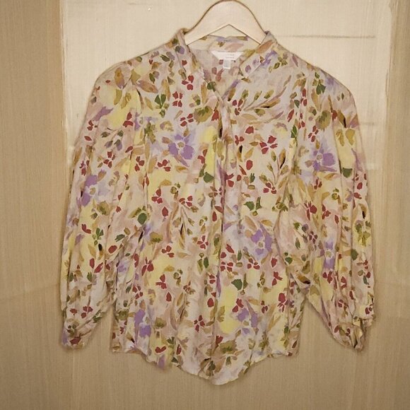 LC Lauren Conrad Womens Tan Floral Oversized Sleeve Button Down Shirt Large - Picture 1 of 7